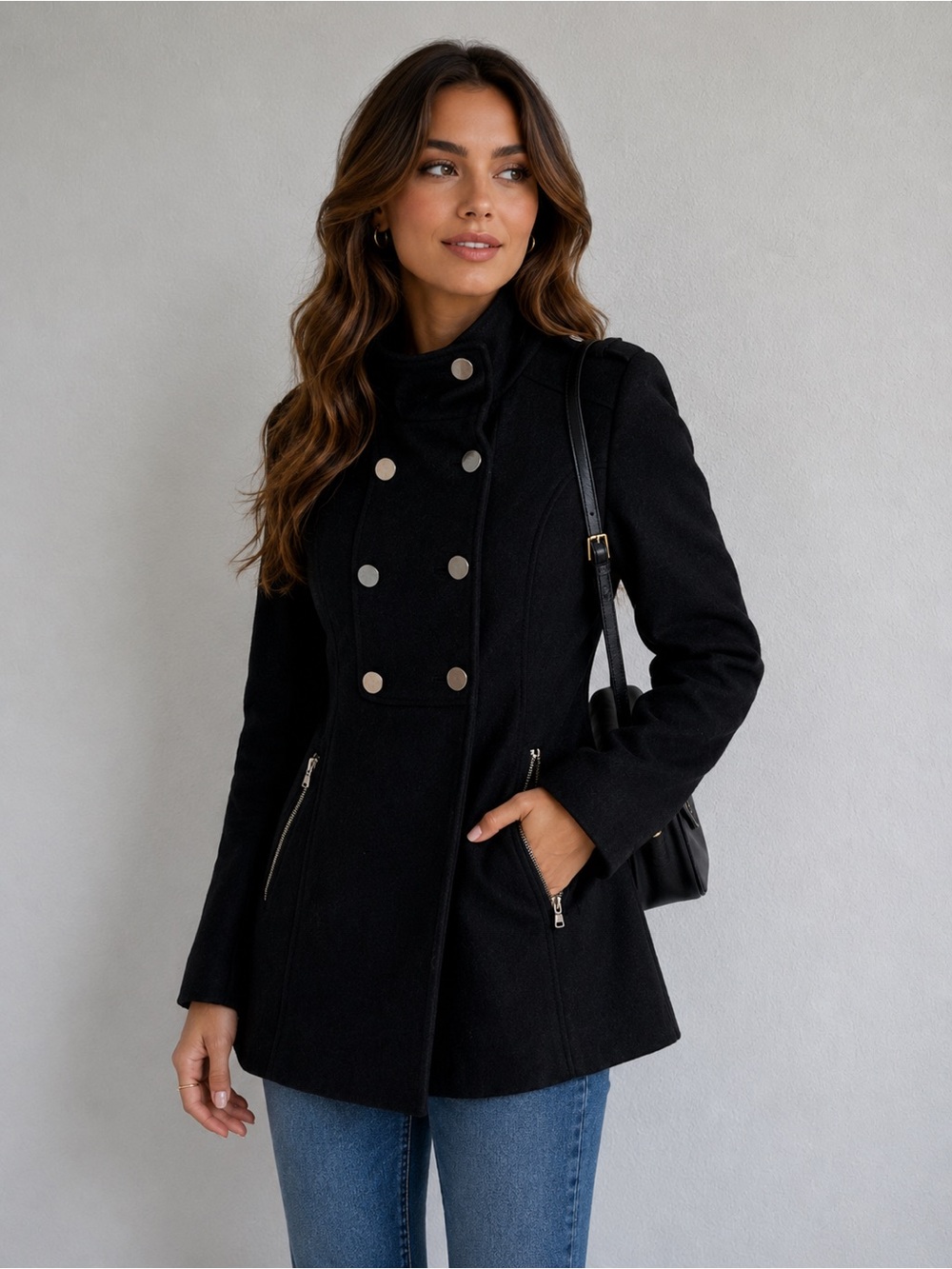 Guess Black Double-Breasted Pea Coat with High Collar